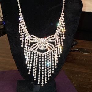 Beautiful rhinestone moth ? Statement necklace Silvertone